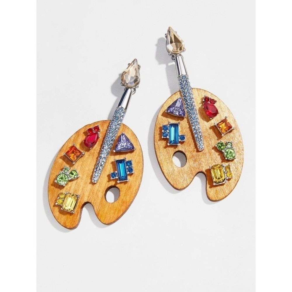 Piper K Artist Palette Statement Earrings NEW Wood Glass Stone Paintbrush Gift